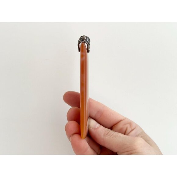 Carnelian Agate Stone Rectangular Geometric Shaped Large Silver Vintage Pendant - Picture 6 of 12